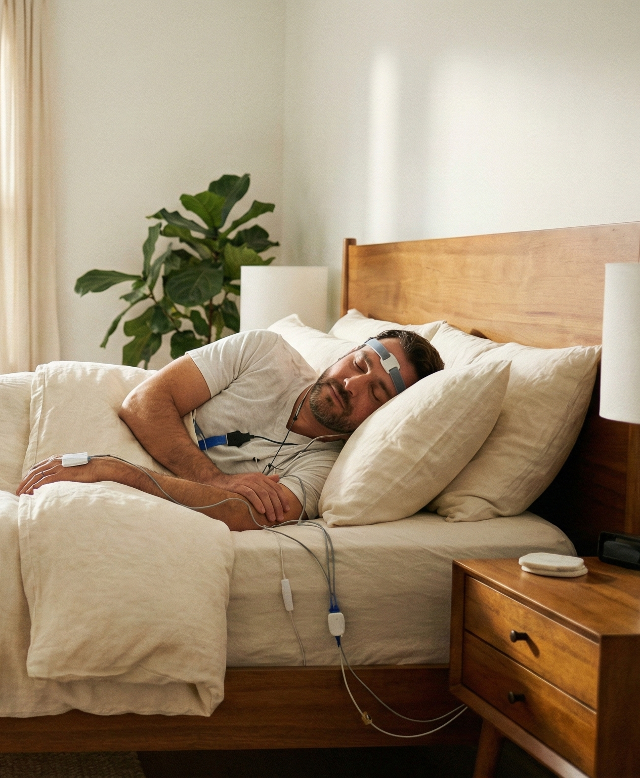 Una donna che dorme nel suo letto indossando l'apparecchio per la polisonnografia, con elettrodi EEG su cuoio capelluto e viso, cannula nasale, sensore toracico, pulsossimetro da dito e un dispositivo di registrazione portatile.