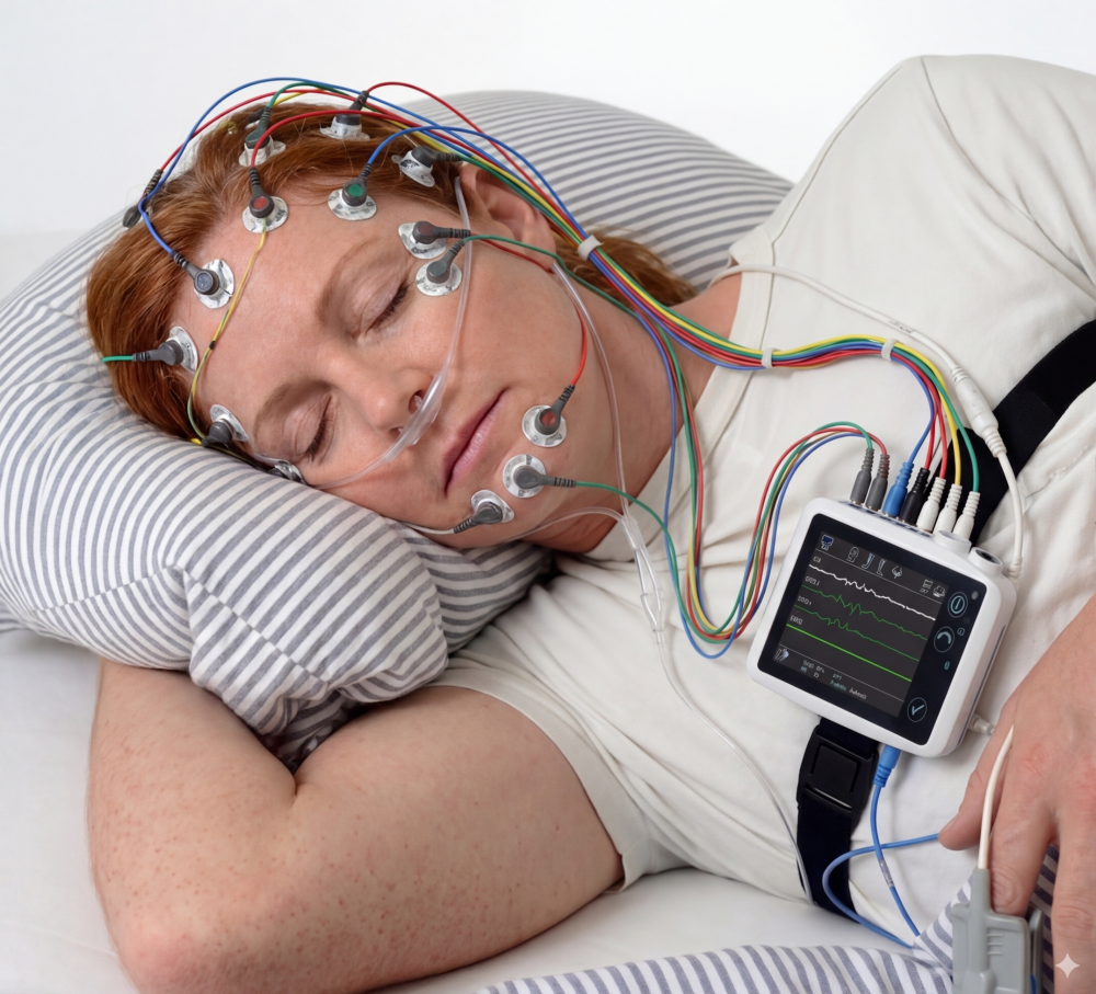 Una donna che dorme nel suo letto indossando l'apparecchio per la polisonnografia, con elettrodi EEG su cuoio capelluto e viso, cannula nasale, sensore toracico, pulsossimetro da dito e un dispositivo di registrazione portatile.