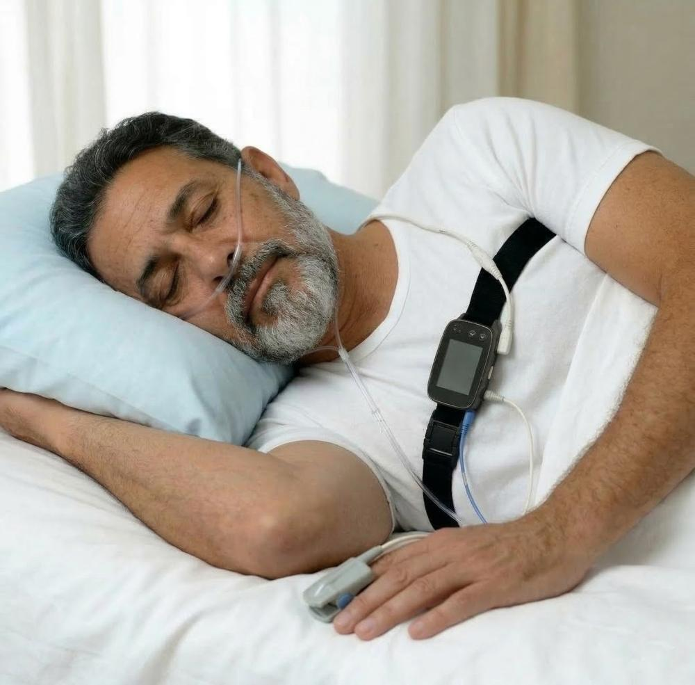 Un uomo che dorme nel suo letto indossando l'apparecchio per la poligrafia a domicilio, con cannula nasale, sensore toracico e pulsossimetro da dito.
